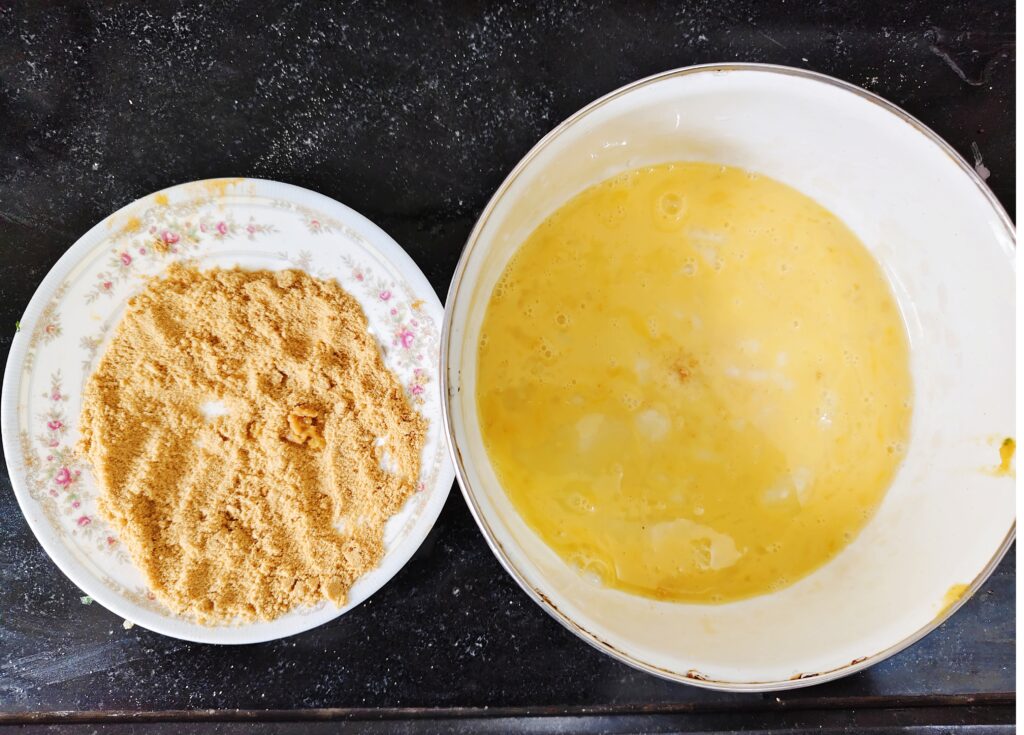 coating materials powdered rusk and whisked egg